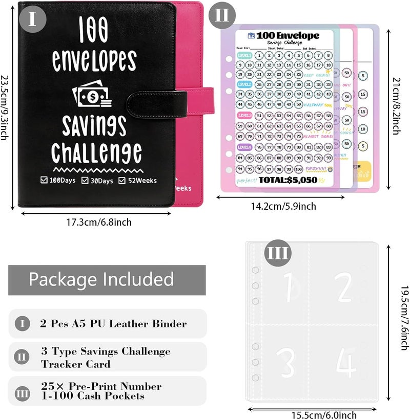 VAZOCA 2 Pack 100 Envelopes Money Saving Challenge, Cash Budget Planner A5 Binder, Savings Challenges Book Organizer Folder, with 3 Tracker to Save $5,050 and $2,600, $300, 100 Pre-numbered Pockets, Black & Red - Image 2